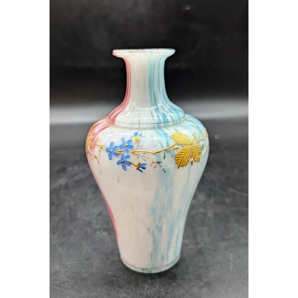 Vintage Bohemian Czech Art Glass Cased Pink Blue Vase Gold Leaf Enamel 6